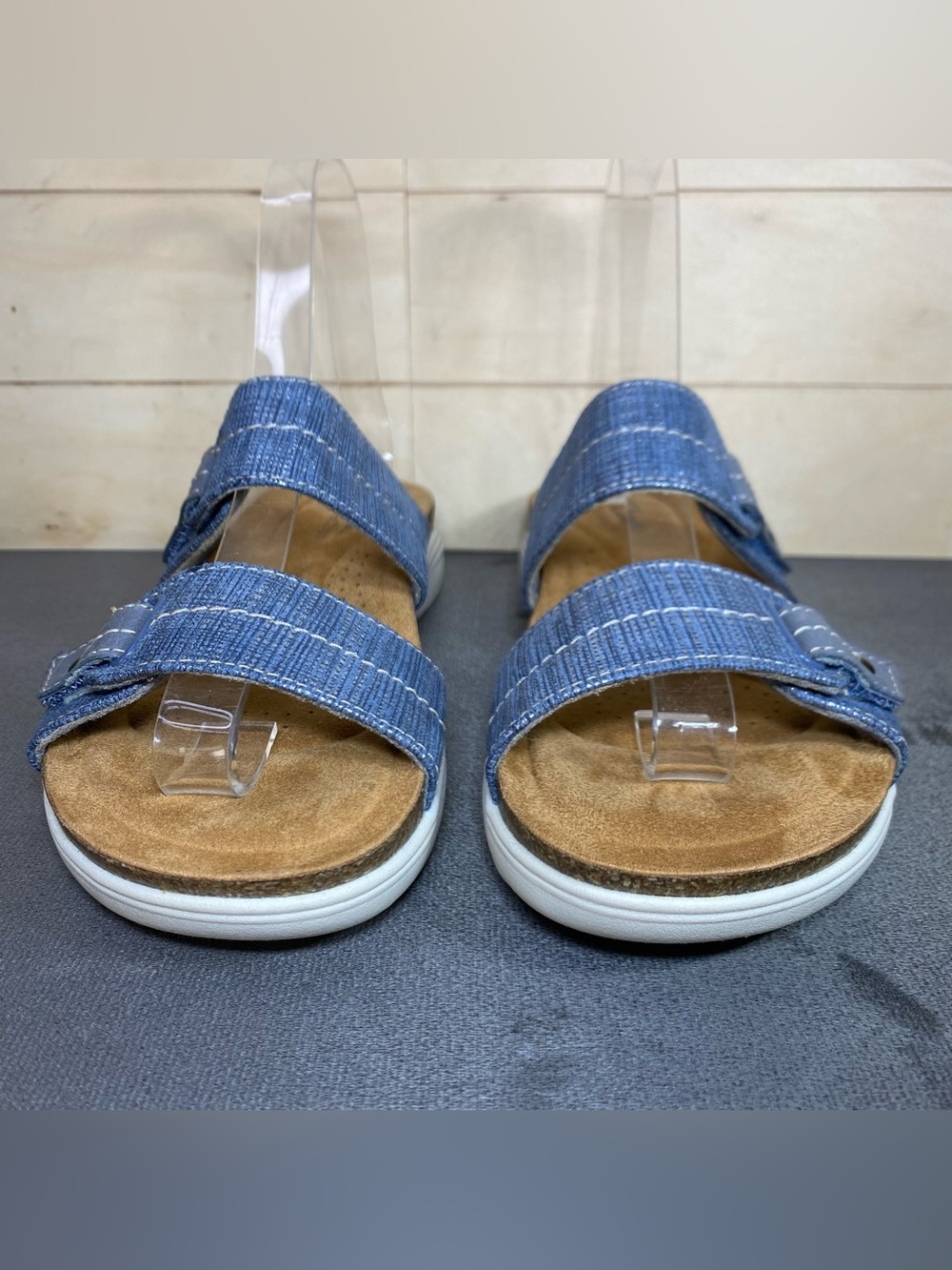 Clarks April Dusk Slide Sandals Women's Size 7.5 N Shoes Blue Silver Slip-Ons - Picture 5 of 11